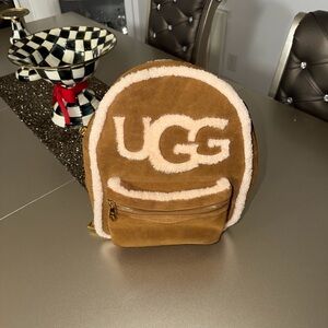 UGG Chestnut Suede Large Backpack with Cream Shearling Logo